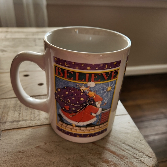 Vintage Mary Engelbreit BELIEVE Coffee Mug Santa On Roof 1993 Christmas - Picture 2 of 5